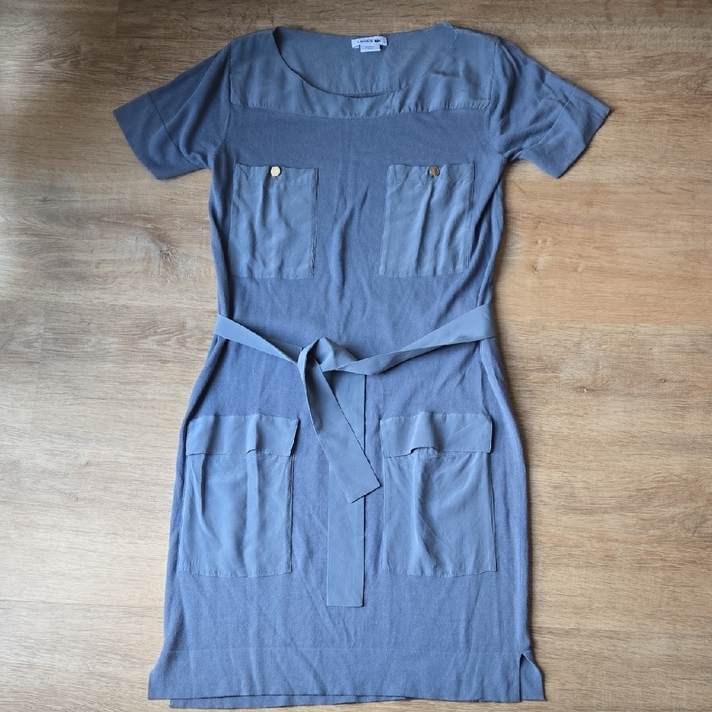 LACOSTE Gray Blue Silk Blend Midi Dress with Belt Sz 42